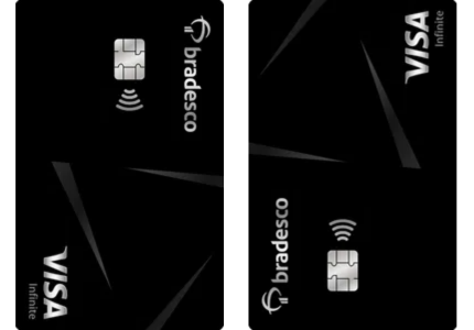 Dois cartões de crédito Bradesco Visa Infinite na vertical um ao lado do outro. 