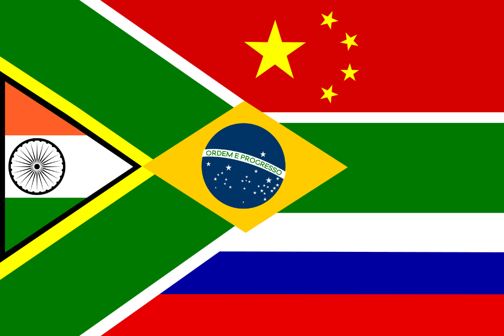 Bandeiras dos países constituintes do bloco econômico BRICS.