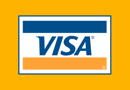 Logomarca da Bandeira de cartão de crédito Visa em fundo amarelo.