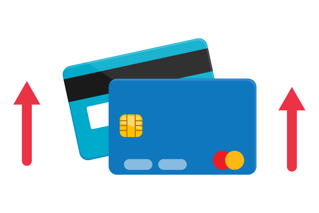 Cartões de crédito com setas vermelhas apontando para cima.