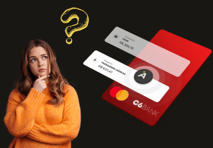 Mulher com braços cruzados e mão no queixo, com uma interrogação acima e um cartão de crédito C6 Bank ao lado com símbolo do Programa Átomos.