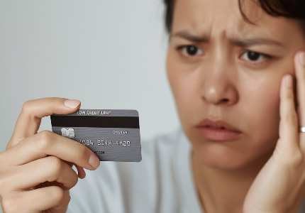 Mulher olhando cartão de crédito com limite baixo e expressão de preocupação
