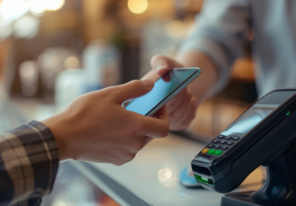 Pessoa pagando com celular por aproximação em maquininha de cartão, representando uso de cartão virtual em loja física